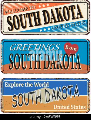 Vintage segno di stagno con America stato del South Dakota retrò souvenir cartoline o modello su sfondo di ruggine. Illustrazione Vettoriale