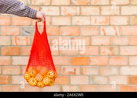 Freschi organici mature mele verdi in maglia di shopping bag in mani maschili per alimenti o di succo di mela. Sfondo mattone con copia spazio. Rifiuti Zero, plastica libera Foto Stock