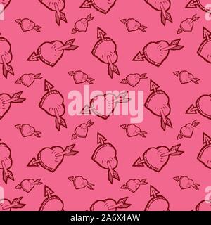 Il giorno di San Valentino rosa seamless pattern con cuori e frecce Illustrazione Vettoriale