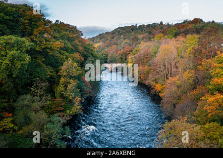 Antenna fuco sparare oltre il fiume Dee tra alberi autunnali in Galles, Regno Unito Foto Stock