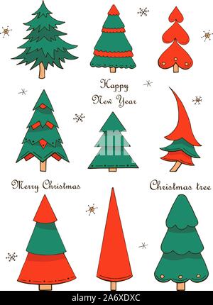 Illustrazioni vettoriali. Set di colorati disegnati a mano gli alberi di Natale e i fiocchi di neve isolato su uno sfondo bianco. Cartoon vacanza invernale decorazione. Cli Illustrazione Vettoriale