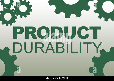 La durabilità del prodotto sign concetto illustrazione con verde scuro ruota dentata figure sul verde pallido grdient Foto Stock