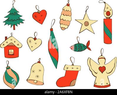 Vettore disegnati a mano le illustrazioni per il nuovo anno design in verde smeraldo, rosso e beige. Set di giocattoli di Natale in stile doodle isolato su un bianco backgr Illustrazione Vettoriale