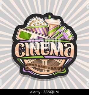 Il logo del vettore per il cinema, nero decorativo con etichetta verde e viola gli occhiali 3d, coppa di cartone con popcorn, cola e due ammissione biglietto del cinema, spazzola Illustrazione Vettoriale