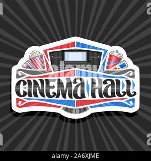 Il logo del vettore per sala cinema, decorativo cartello con il rosso e il blu degli occhiali 3d, coppa di cartone con popcorn, cola e 2 biglietto per il cinema, letterin spazzola Illustrazione Vettoriale