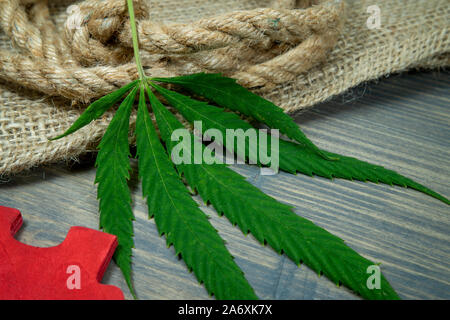 Tipi concettuale di prodotti a base di cannabis Concetto di immagine con una foglia di cannabis, in legno rosso puzzle pezzo e naturali in fibra di canapa corda Foto Stock