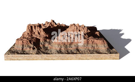 Modello di una sezione trasversale di un deserto montagna, mesa isolata con ombra su sfondo bianco Foto Stock