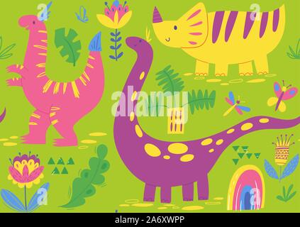 Vector piatto senza cuciture modello di stile con simpatici personaggi di dinosauro Illustrazione Vettoriale