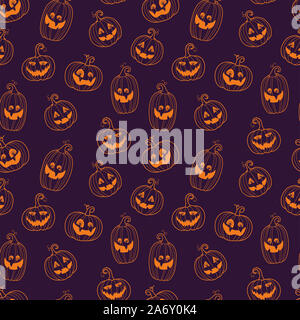 Carino e divertente zucche di Halloween seamless pattern, sorridenti facce di zucca - ottimo per la Festa di halloween sfondi, banner, stampe o inviti per le feste. Foto Stock