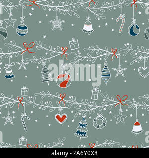 Divertimento disegnati a mano baubles di natale seamless pattern, Addobbi natale appesi sui rami con nastri - vettore superficie di progettazione Foto Stock