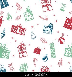 Divertimento disegnati a mano modello senza cuciture con confezioni regalo. Grande per Natale i tessili, carta da parati, banner, involucri - vettore superficie di progettazione Illustrazione Vettoriale