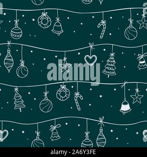 Divertimento disegnati a mano baubles di natale seamless pattern, Addobbi natale appesi sui rami con nastri - vettore superficie di progettazione Illustrazione Vettoriale