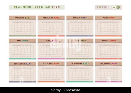 Carta riciclata calendario da parete 2020 con griglia planner Illustrazione Vettoriale