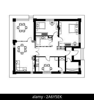 Architettura del piano del pavimento di una casa. Il disegno del cottage. Isolato su sfondo bianco. Vettore illustrazione nero EPS10 Illustrazione Vettoriale