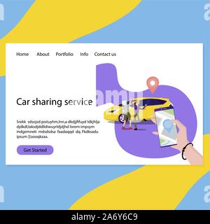 Servizio car sharing pagina web di atterraggio. Il servizio di trasporto carshare, ordinazione auto rent, illustrazione vettoriale Illustrazione Vettoriale