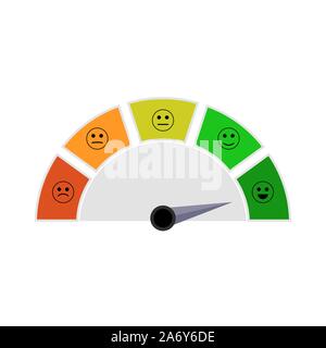 Indicatore con sorriso per ottenere mutui ipotecari in banca. Illustrazione delle finanze relazione di indicazione di alto livello del cruscotto e il quadro di valutazione punteggio di credito eccellente vec Illustrazione Vettoriale