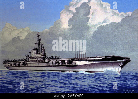 Illustrazione originale da Hahn, USN - livello acqua di prua dritta vista l'attacco portaerei USS Franklin D. Roosevelt (CVA-42) in corso. Foto Stock