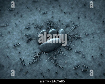 Funghi sulla superficie del cuoio, del fungo rilascia spaores, paesaggio di microcosmo, spora caduti sulla superficie di pelle Foto Stock