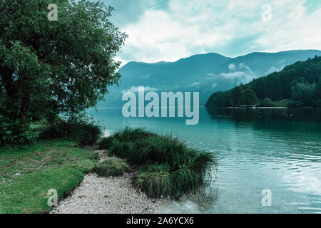 Il freddo pomeriggio estivo presso il lago di Bohinj, Slovenia con molto nuvoloso Foto Stock