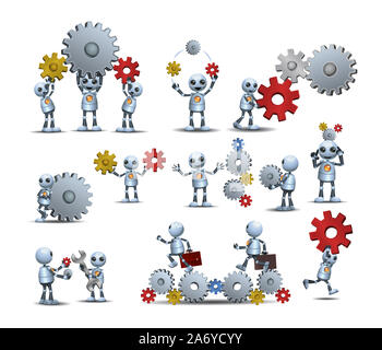 3d illustrazione del piccolo robot robot pratico uomo al lavoro figura ruota dentata tecnico delle costruzioni interagire i colleghi il lavoro di squadra sul bianco isolato bac Foto Stock