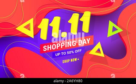 Creative 11.11 sconto vendita modello di intestazione con onda forma liquida, geometriche forme poligonali sul gradiente lilla sfondo rosso. Illustrazione Vettoriale