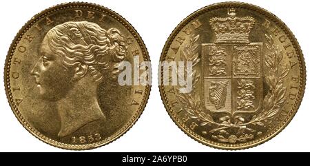 Gran Bretagna British golden coin 1 unico sovrano 1853, giovane capo della regina Victoria a sinistra scudo coronato con i lions e arpa irlandese affiancato da laurel Foto Stock