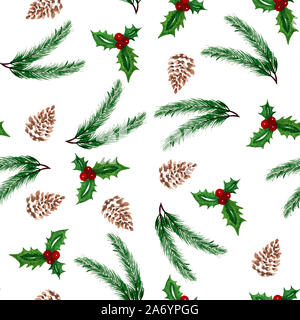 Acquerello senza giunture di natale schema di ripetizione con abete, holly berry e Pigna, illustrazione di natale con elementi di design isolato su bianco Foto Stock