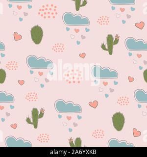 Seamless disegnati a mano con pattern di nuvole, cactus e cuori su sfondo rosa. Illustrazione Vettoriale Illustrazione Vettoriale