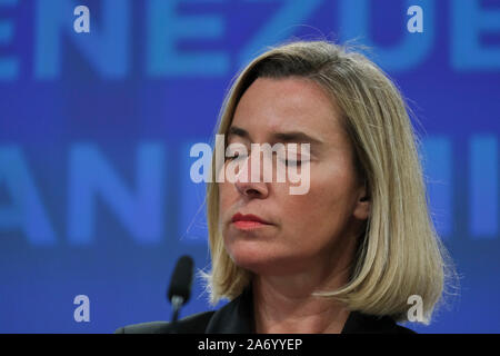 Bruxelles, Belgio. 29 ott 2019. Commissario UE Federica Mogherini partecipa a una conferenza stampa dopo la conferenza di solidarietà su il venezuelano di rifugiati e di crisi di migranti. Credito: ALEXANDROS MICHAILIDIS/Alamy Live News Foto Stock