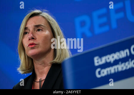 Bruxelles, Belgio. 29 ott 2019. Commissario UE Federica Mogherini partecipa a una conferenza stampa dopo la conferenza di solidarietà su il venezuelano di rifugiati e di crisi di migranti. Credito: ALEXANDROS MICHAILIDIS/Alamy Live News Foto Stock