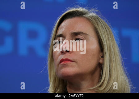 Bruxelles, Belgio. 29 ott 2019. Commissario UE Federica Mogherini partecipa a una conferenza stampa dopo la conferenza di solidarietà su il venezuelano di rifugiati e di crisi di migranti. Credito: ALEXANDROS MICHAILIDIS/Alamy Live News Foto Stock