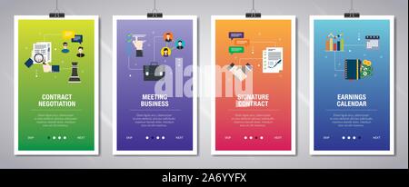 Set di vettore di verticale banner web con contratto negotitation, meeting, firma contratto, guadagni calendario. Vector modello di pagina di intestazione per noi Illustrazione Vettoriale