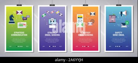 Set di vettore di verticale banner web con comunicazione, strategia di invio e-mail, newsletter e sicurezza invio di messaggi di posta elettronica.Vettore modello di banner per il sito web e Illustrazione Vettoriale