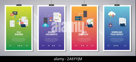 Set di Banner con icone per internet su siti web o modelli di app con la condivisione di file, documenti condivisi, backup di dati e di scaricare file in modo sicuro. La tecnologia Illustrazione Vettoriale