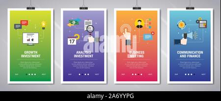 Set di Banner con icone per internet su siti web o modelli di app con la crescita degli investimenti, l'analisi degli investimenti, business meeting, comunicazione e finan Illustrazione Vettoriale