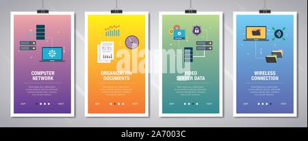 Set di Banner con icone per internet su siti web o app di modelli con rete di computer, Documenti organizzazione , video server di dati e la connessione wireless Illustrazione Vettoriale
