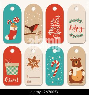 I tag e le etichette per le vacanze di Natale con simboli e caratteri. Illustrazione Vettoriale