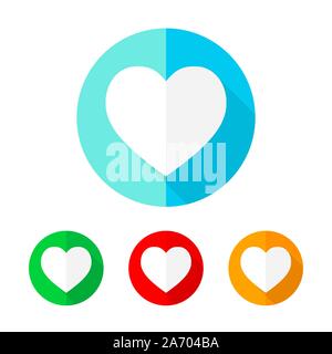 Set di cuore colorato icone. Cuore bianco icona con lunga ombra. Illustrazione Vettoriale. Cuore su un il pulsante rotondo. Illustrazione Vettoriale