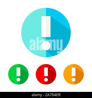 Set di colori delle icone di avvertimento. Bianco icona di avviso con lunga ombra. Illustrazione Vettoriale. Segnale di avvertimento su un il pulsante rotondo. Illustrazione Vettoriale