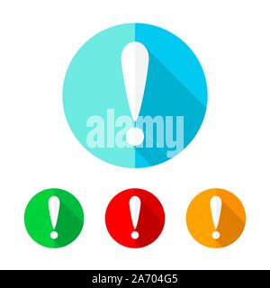 Set di cerchi colorati con icona a forma di punto esclamativo. White il punto esclamativo con lunga ombra. Illustrazione Vettoriale. Il punto esclamativo su un round butto Illustrazione Vettoriale