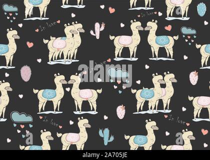Bianco senza giunture llama pattern su sfondo scuro con nuvole con cuori e cactus. Il giorno di San Valentino. Disegnata a mano in stile scandinavo. Vector Illust Illustrazione Vettoriale