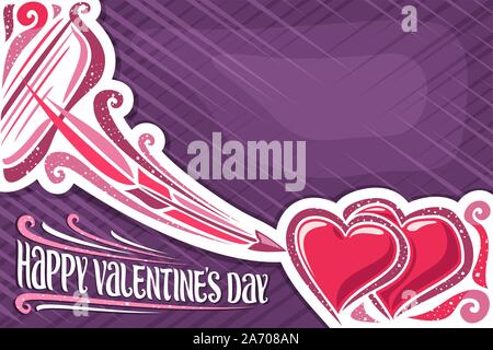 Vector biglietto di auguri per il giorno di San Valentino con copia spazio, prua e battenti la freccia in 2 cuori decorativi, originale ed elegante di scritte per desiderio parole felice Illustrazione Vettoriale