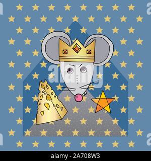 Carattere di ratto illustrazione vettoriale. Mouse cute animale con formaggio e stelle. Felice anno nuovo simbolo del 2020. Disegnata a mano cartoon re della corona. Merry Illustrazione Vettoriale