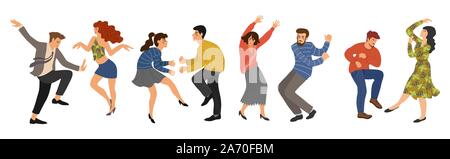 Gruppo di giovani felici dancing persone isolate su sfondo bianco. Gli uomini e le donne nella danza. Illustrazione Vettoriale design piatto. Illustrazione Vettoriale