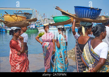 Venditori di pesci femmine che acquistano pesce al Porto Vecchio, Mangalore, Karnataka, India, stand chattando con cesti sulla loro testa, barche da pesca in b/g. Foto Stock