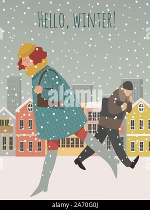La gente a piedi in città - un concetto moderno illustrazione del popolo, camminare sotto la neve in strada contro lo sfondo di urbani case nevoso Illustrazione Vettoriale