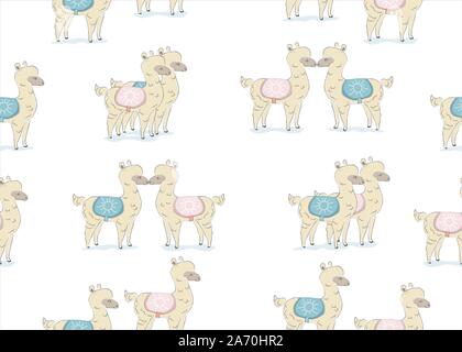 Bianco senza giunture llama pattern. Il giorno di San Valentino. Disegnata a mano in stile scandinavo. Illustrazione Vettoriale Illustrazione Vettoriale