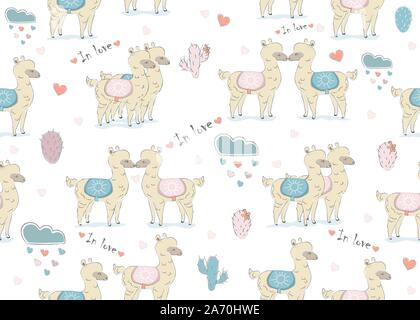 Bianco senza giunture llama pattern su sfondo scuro con nuvole con cuori e cactus. Il giorno di San Valentino. Disegnata a mano in stile scandinavo. Vector Illust Illustrazione Vettoriale