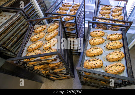 Dresden, Germania. Xviii oct, 2019. Appena sfornato il Natale lo Stollen giacciono su carrelli di trasporto in Dresden casa di cottura alla finestra aperta e raffreddare. Il Dresden Christstollen è fatto a mano da circa 130 panetterie e pasticcerie nei dintorni di Dresda secondo ricette tradizionali. I prigionieri solo che soddisfano i requisiti dell'Stollen associazione di protezione possono recare il prigioniero di tenuta come un segno di autenticità. Credito: Jens Büttner/dpa-Zentralbild/ZB/dpa/Alamy Live News Foto Stock