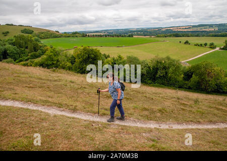 Di mezza età rambler femmina camminando su di una ripida collina nella campagna dell'Hampshire lungo il South Downs Way East di Winchester, Inghilterra. Foto Stock